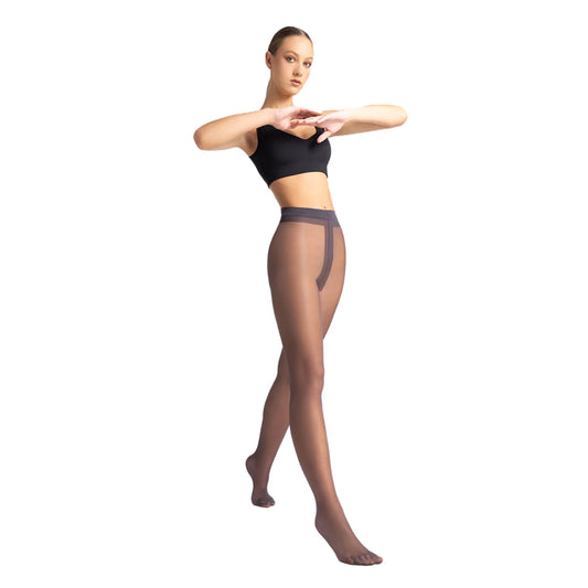 Woman wearing sheer cacao Marie France tights on a white background