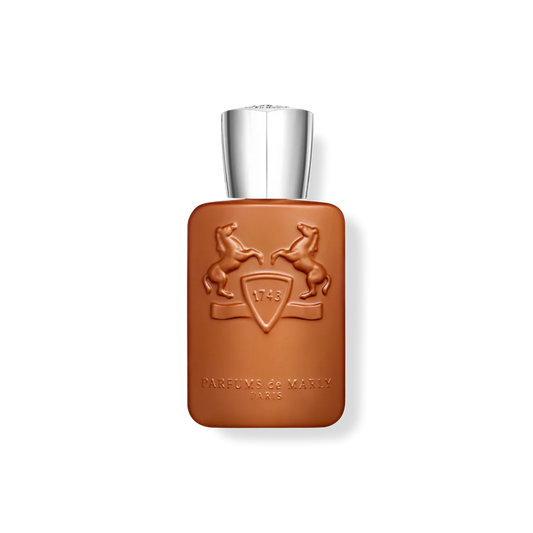 Brown perfume bottle branded Parfums de Marly with silver cap on a white background