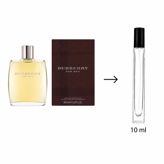 Burberry For Men Eau de Toilette shown with a 100 ml bottle, its dark brown plaid box, and a smaller 10 ml travel spray bottle on a white background.