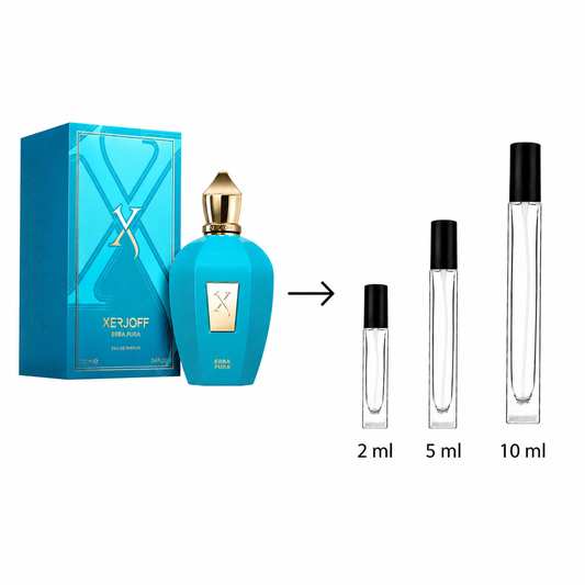 Xerjoffeff Erba Pura Blue Perfume bottle and its blue box shown next to three clear sample spray vials labeled 2 ml, 5 ml, and 10 ml on a white background.