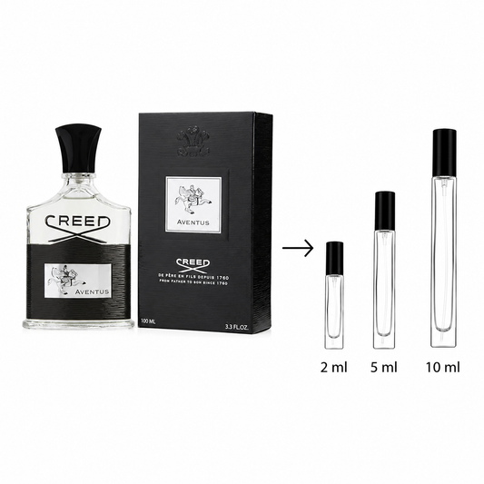 Creed Aventus perfume bottle and box shown beside three clear sample spray vials labeled 2 ml, 5 ml, and 10 ml on a white background.