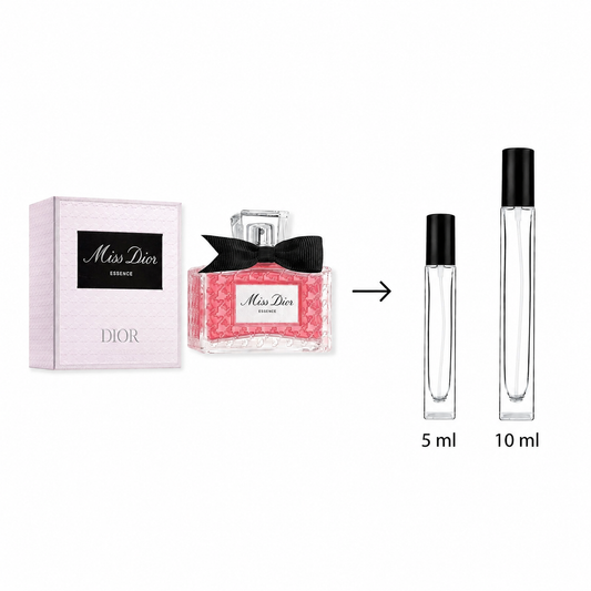 Miss Dior Essence perfume shown with its pink box, a pink patterned bottle with a black bow, and two clear rollerball vials labeled 5 ml and 10 ml on a white background.