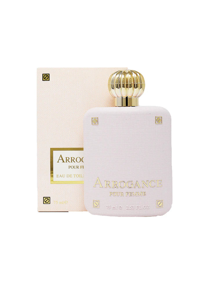 Perfume bottle and packaging with 'Arrogance Pour Femme' branding on a white background