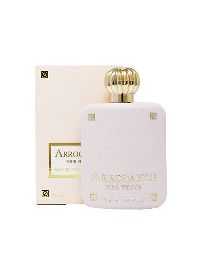 Perfume bottle and packaging with 'Arrogance Pour Femme' branding on a white background