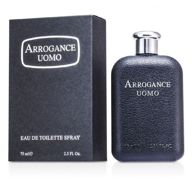 Arrogance Uomo perfume bottle and packaging on a white background