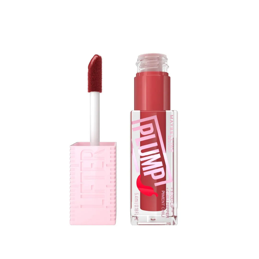 Lip gloss branded 'Maybelline' with pink applicator and clear container on white background