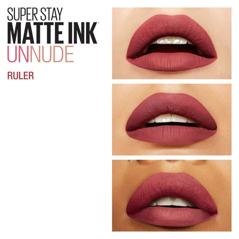 Super Stay Matte Ink Unnude lipstick on lips with close-up shots.