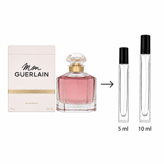 Guerlain Mon Guerlain Eau de Parfum shown with its pale pink box, a pink glass perfume bottle with a gold cap, and two clear travel atomizer vials labeled 5 ml and 10 ml on a white background.