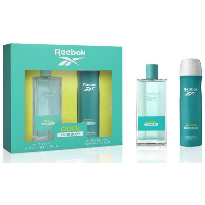 Reebok Cool Your Body product set including a bottle of eau de toilette and a spray deodorant on a white background