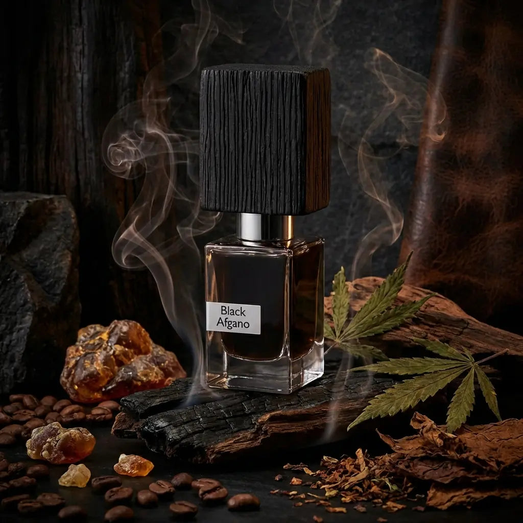 Perfume bottle labeled 'Black Afgano' with smoke, amber, and leaves on a dark background