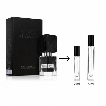 Nasonatto Black Afgano perfume bottle with its black box, alongside two clear glass travel atomizer vials labeled 2 ml and 5 ml, on a white background.