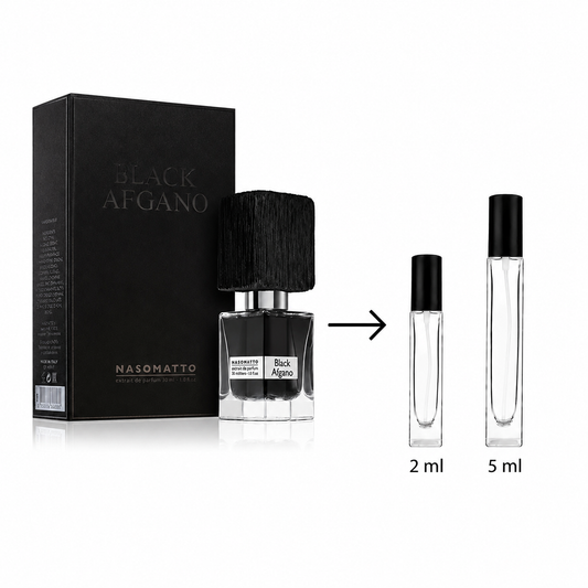 Nasonatto Black Afgano perfume bottle with its black box, alongside two clear glass travel atomizer vials labeled 2 ml and 5 ml, on a white background.