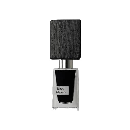 Perfume bottle labeled 'Black Algano' with a dark wooden cap on a gray background