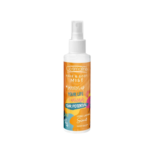 Cosmaline hair and body mist Sweet Escape bottle on a white background