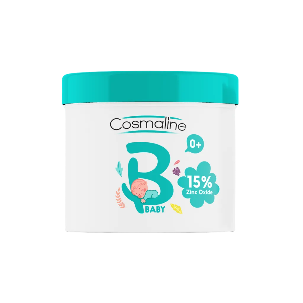 Cosmoline B Baby diaper cream container with blue lid on a white background