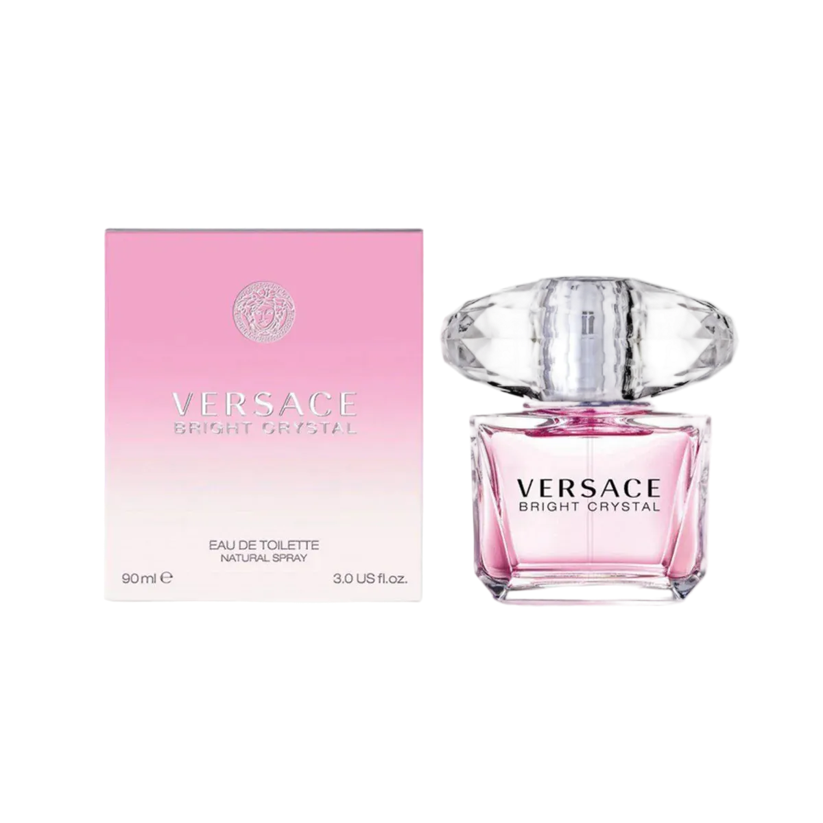 Versace Bright Crystal perfume bottle and packaging on a white background