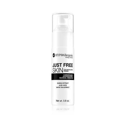 A white pump bottle of HypoAllergenic Just Free Skin Color Face  Primer on a clean white background with a subtle reflection.
