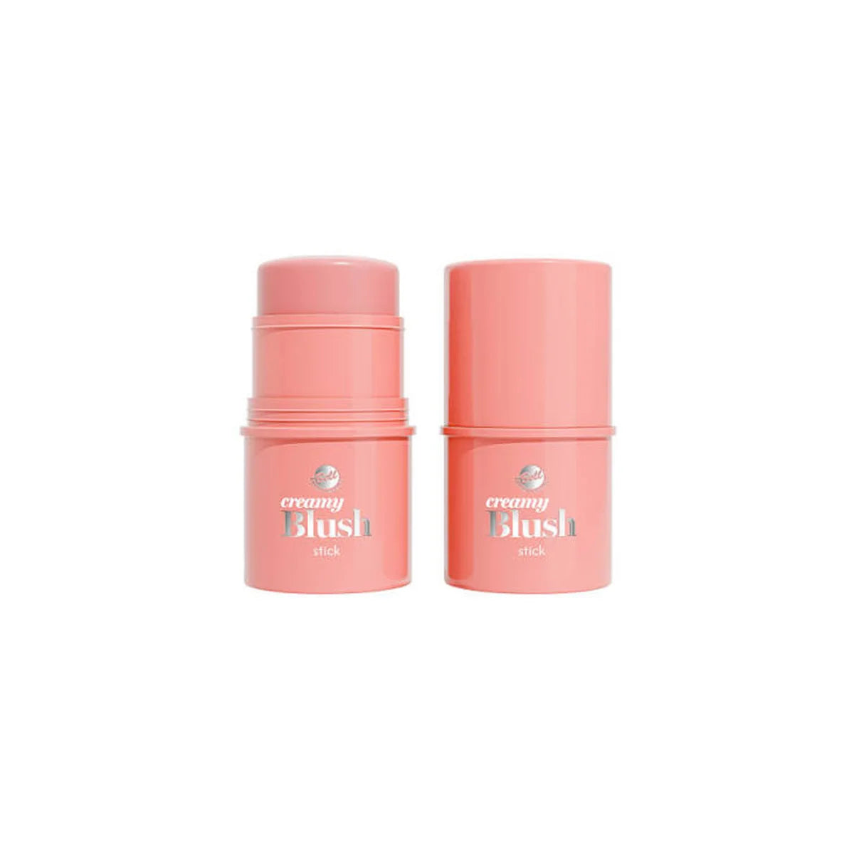 Two pink cylindrical cosmetic stick containers labeled 'creamy Blush' for face blush  on a plain white background.