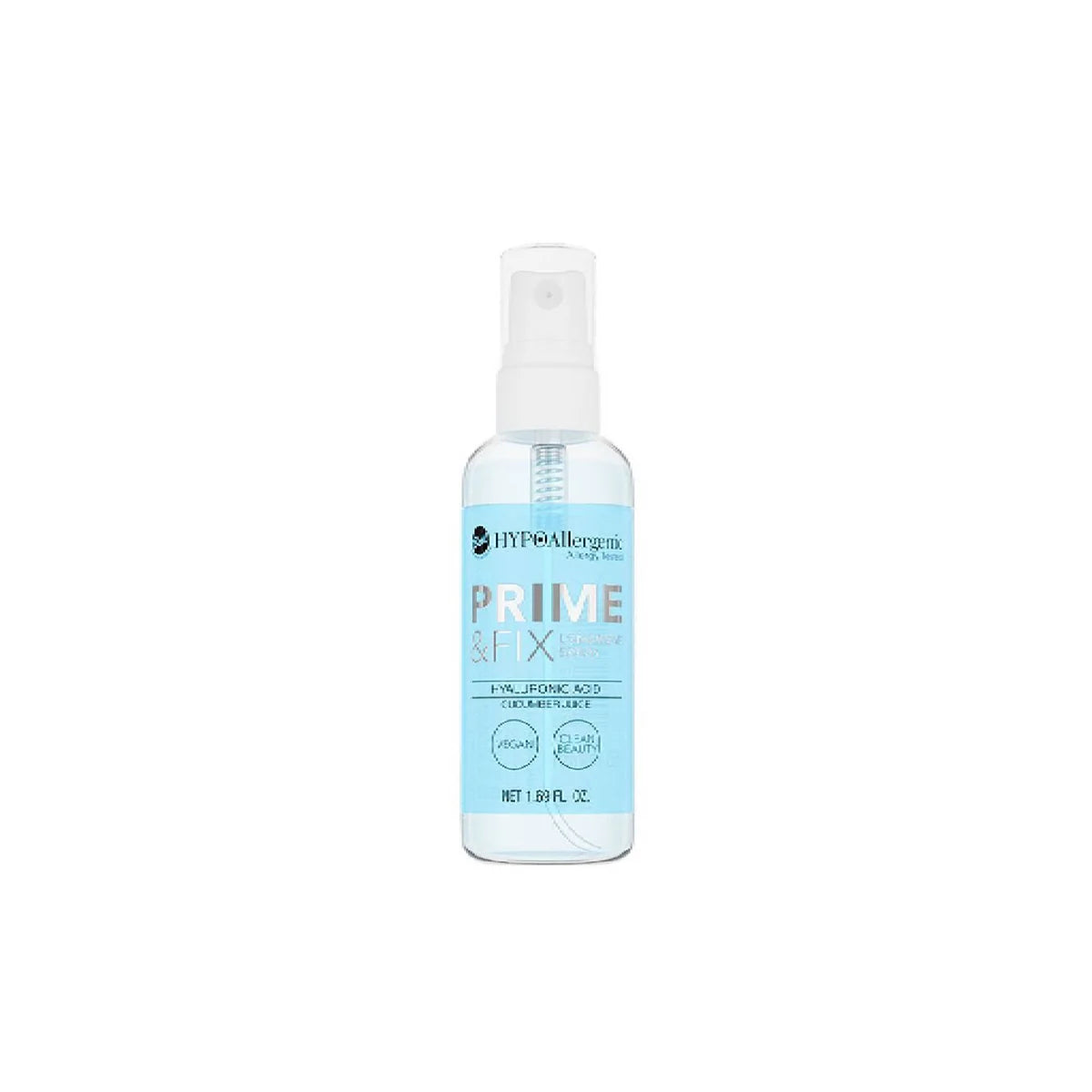 A bottle of Bell Hypoallergenic Prime & Fix Spray on a plain white background. The bottle is clear with a white spray for makeup cap and features a light blue label with black and silver text.