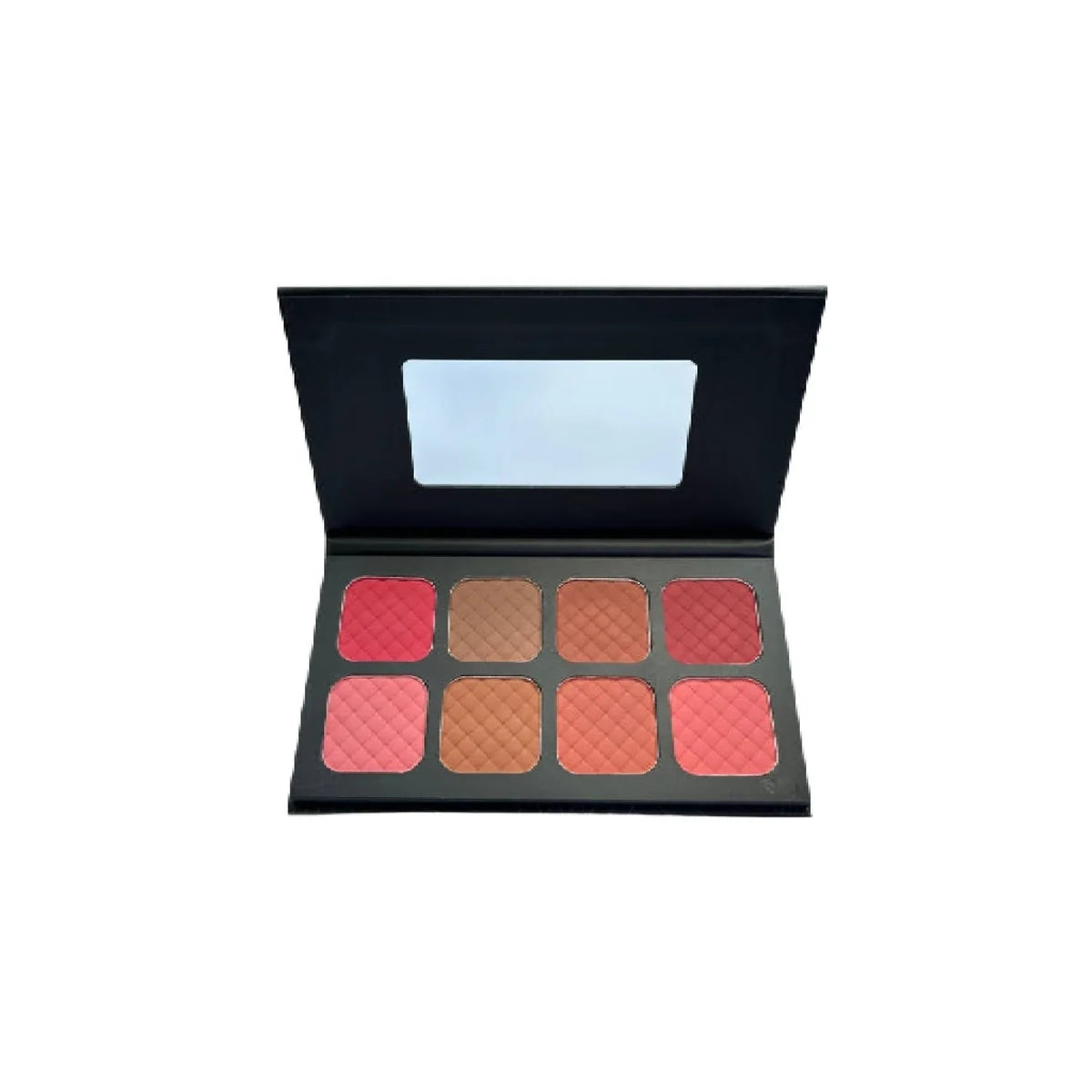 An open makeup palette with six square pans in shades of pink, red, and warm beige, set in a black case with a mirror on the inside lid, isolated on a white background.