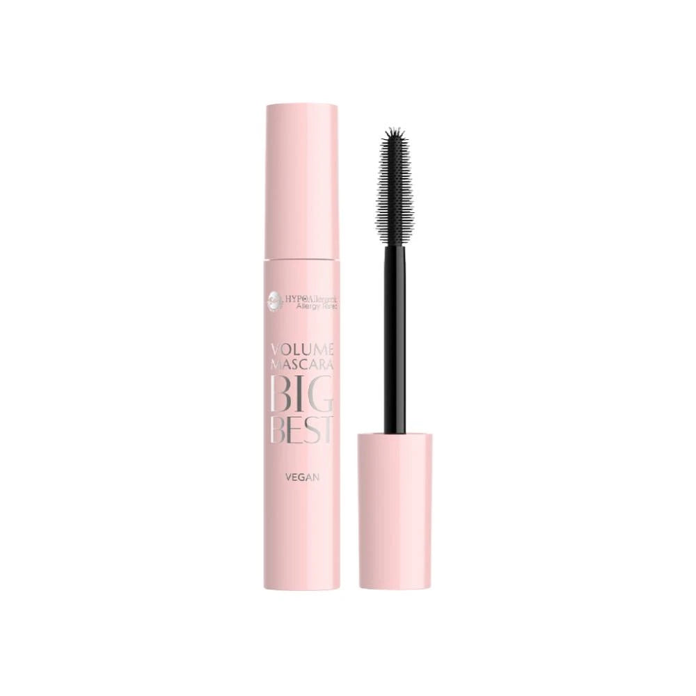 A tube of volume mascara next to its wand applicator, both in a light pastel pink color, on a solid white background. The text on the tube reads 'Melt Me Mascara BIG BEST VEGAN'.