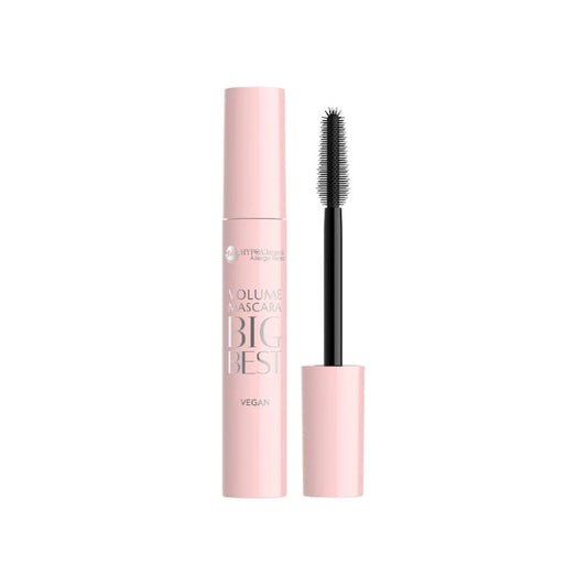 A tube of volume mascara next to its wand applicator, both in a light pastel pink color, on a solid white background. The text on the tube reads 'Melt Me Mascara BIG BEST VEGAN'.