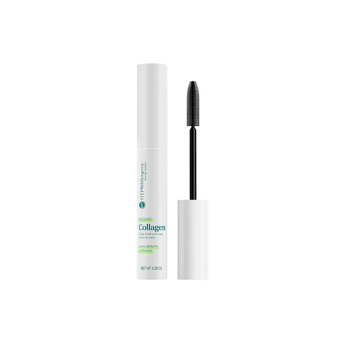 A white cosmetic tube of lash collagen serum and primer with a black spoolie wand applicator standing beside it on a plain white background.