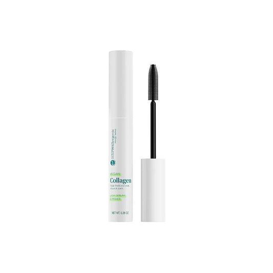 A white cosmetic tube of lash collagen serum and primer with a black spoolie wand applicator standing beside it on a plain white background.