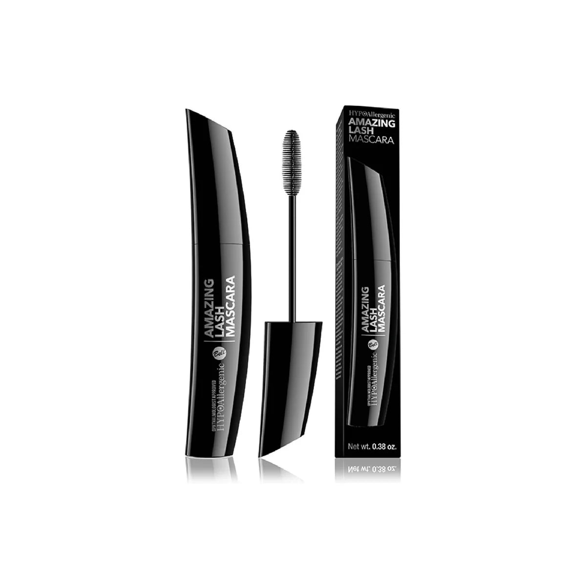 Bell Hypoallergenic Lash Mascara shown with its black tube, applicator wand, and retail box on a clean white background.