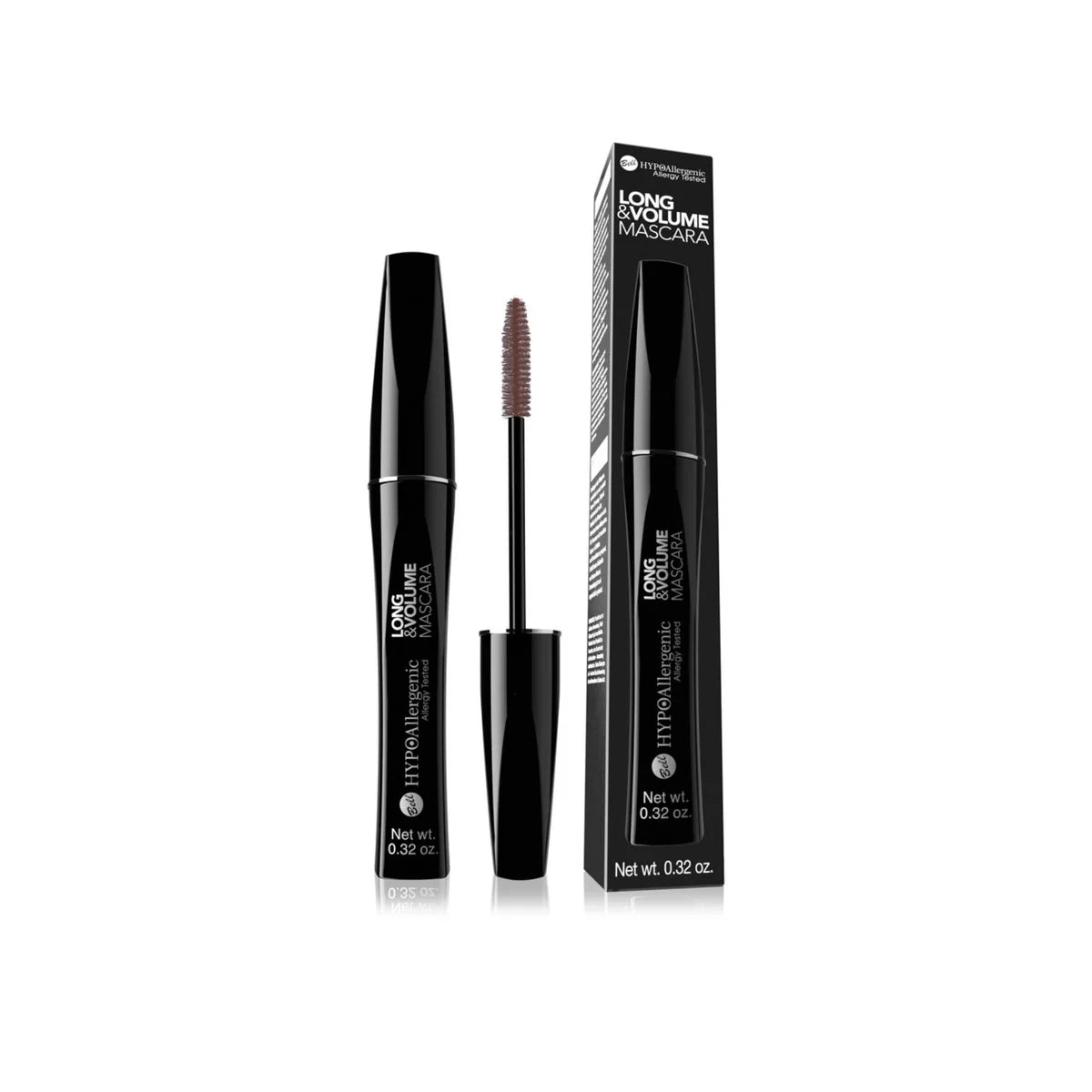 A tube of black eyelash mascara with its applicator wand and retail box, shown on a clean white background.