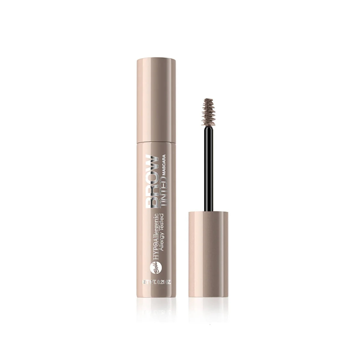 A tube of brow mascara with its cap off, showing the spoolie wand applicator. The packaging is a warm beige with black text, and the wand has a brown mascara visible at the tip, set against a clean white background.