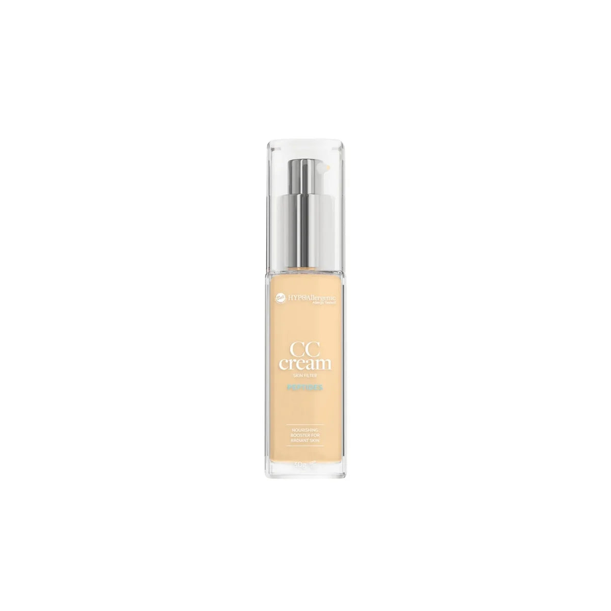A bottle of  Cosmetics CC Cream in a clear rectangular glass container showing the beige liquid inside, with a silver pump and clear cap, centered on a white background.