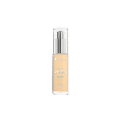 A bottle of  Cosmetics CC Cream in a clear rectangular glass container showing the beige liquid inside, with a silver pump and clear cap, centered on a white background.