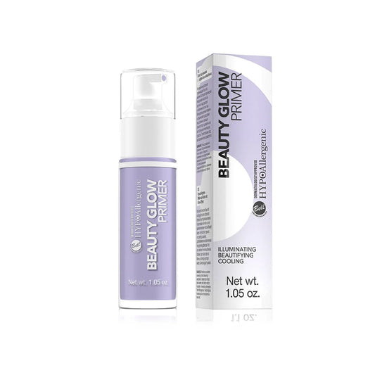 Beauty Glow Primer pump bottle and matching product box on a clean white background. The packaging features a lavender and white color scheme with black text.