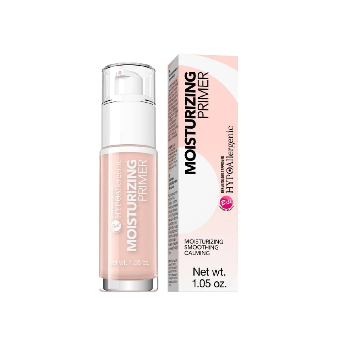 Moisturizing primer bottle and packaging on a white background