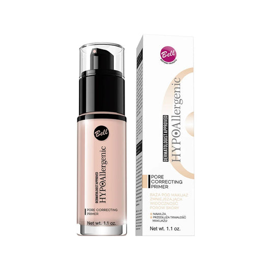 Bell Hypoallergenic Pore Correcting Primer in a 1.1 oz pump bottle next to its white and beige product box, shown on a plain white background.