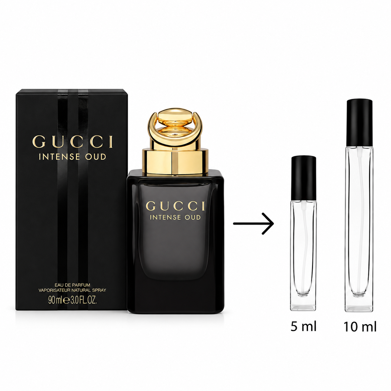 Gucci Intense Oud Eau de Parfum shown with the black retail box, the black perfume bottle with a gold cap, and two clear sample atomizer vials labeled 5 ml and 10 ml on a white background.