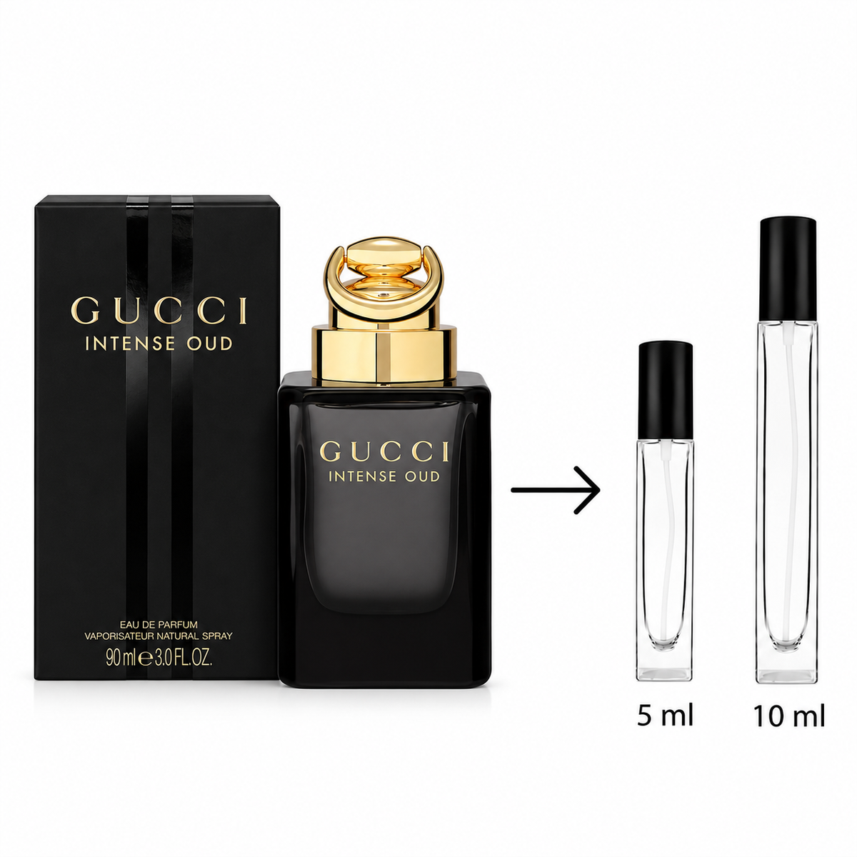 Gucci Intense Oud Eau de Parfum shown with the black retail box, the black perfume bottle with a gold cap, and two clear sample atomizer vials labeled 5 ml and 10 ml on a white background.