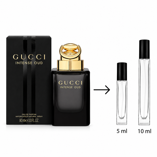 Gucci Intense Oud Eau de Parfum shown with the black retail box, the black perfume bottle with a gold cap, and two clear sample atomizer vials labeled 5 ml and 10 ml on a white background.