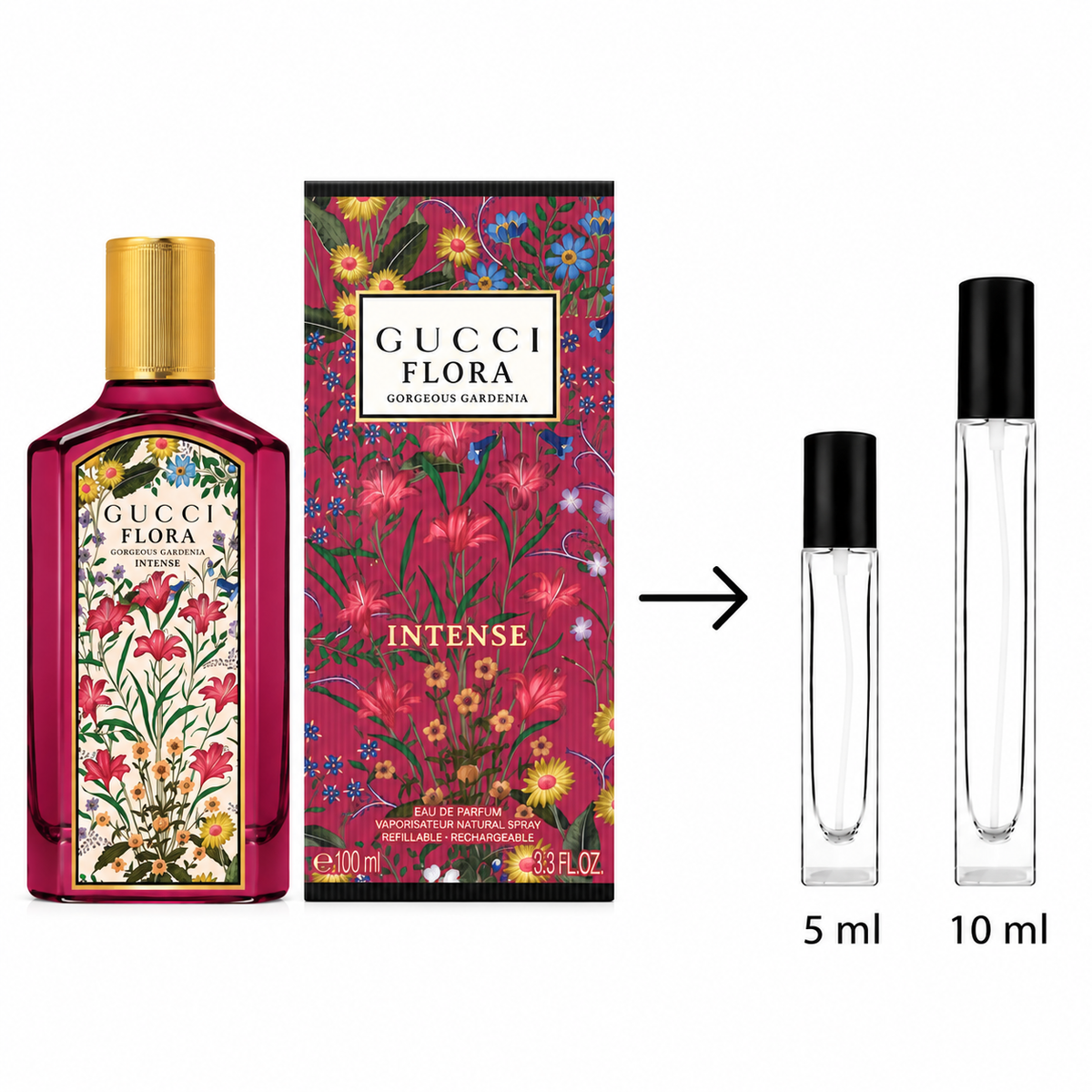 Gucci Flora Intense Eau de Parfum shown with its branded box, plus two clear sample spray bottles labeled 5 ml and 10 ml on a white background.