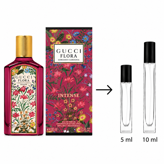 Gucci Flora Intense Eau de Parfum shown with its branded box, plus two clear sample spray bottles labeled 5 ml and 10 ml on a white background.