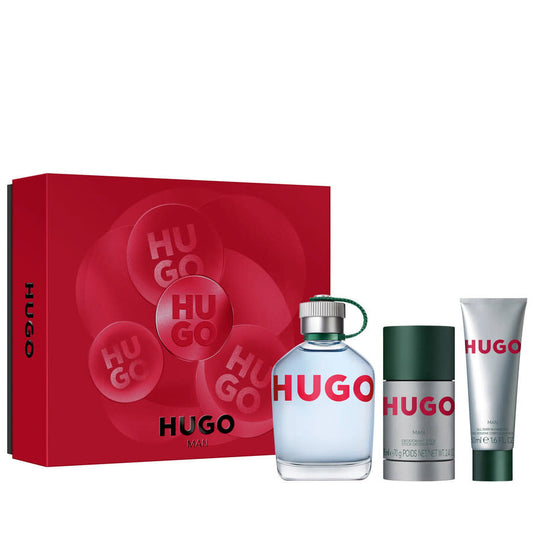 Hugo Boss Hugo Man perfume set with red box, bottle, and accessories on a white background
