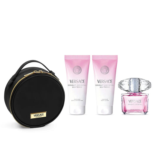 Versace Bright Crystal perfume set with black round case, two pink bottles, and a pink perfume bottle on a white background