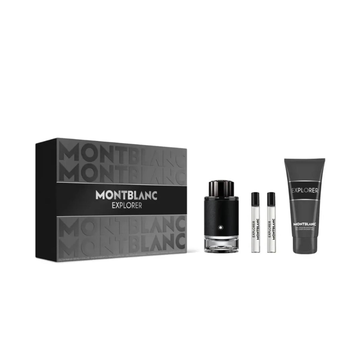 Montblanc Explorer eau de parfum perfume set with packaging on a white background