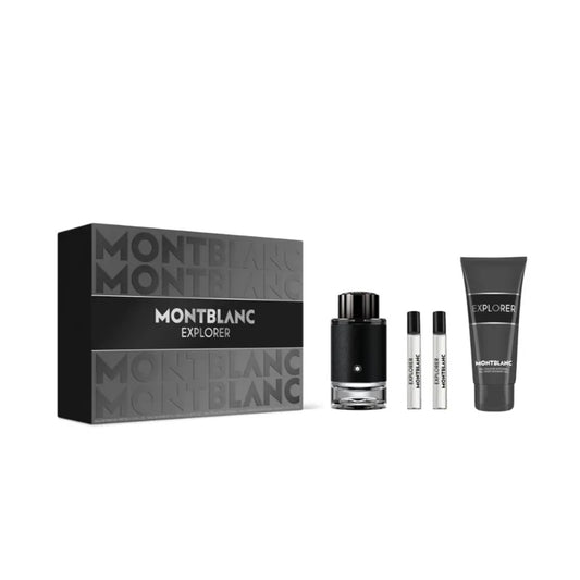 Montblanc Explorer eau de parfum perfume set with packaging on a white background