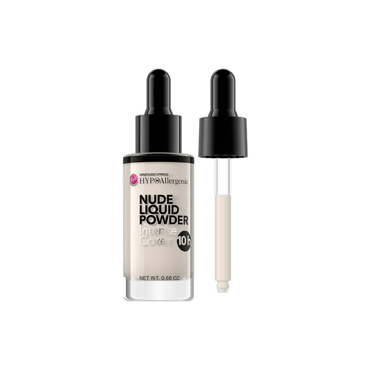 Hypoallergenic Nude Liquid Powder Intense Cover 10 in a clear bottle with a black dropper cap, shown next to its detached clear dropper pipette on a white background.