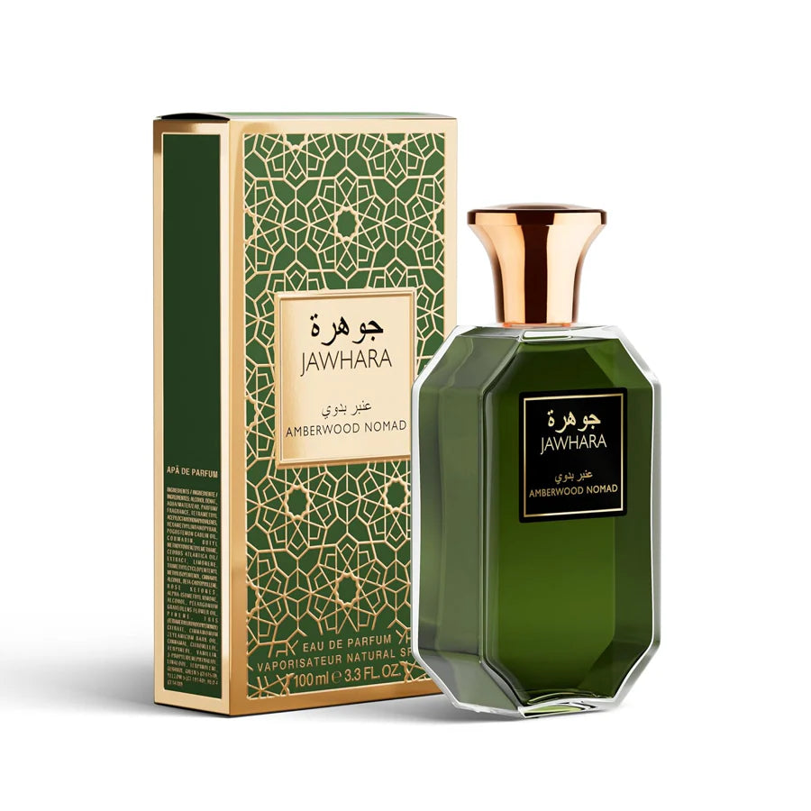 Jawhara Amberwood Nomad perfume bottle and packaging on a white background