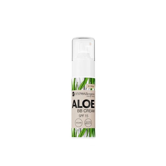 A single pump bottle of HYPOAllergenic Aloe BB Cream SPF 15, featuring a white cap and a beige label with green aloe vera graphics, centered on a plain white background.