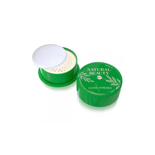 Green container of loose powder with a white puff on a white background