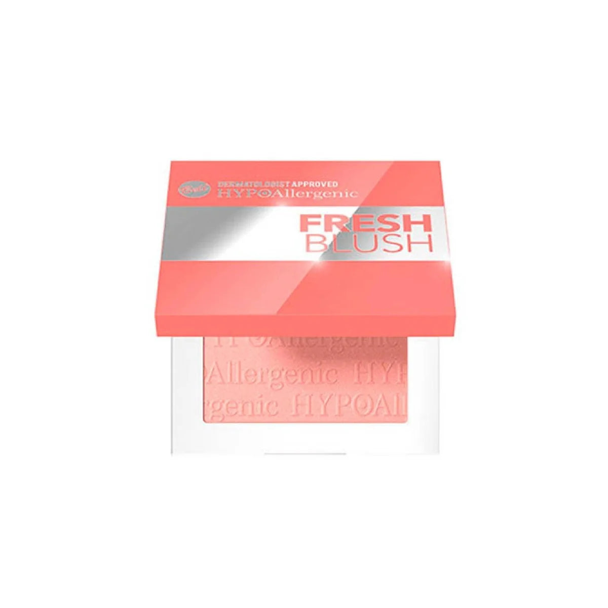 Fresh Blush Hypoallergenic pressed powder blush in a square compact with a coral pink lid and silver reflective strip, shown on a white background.